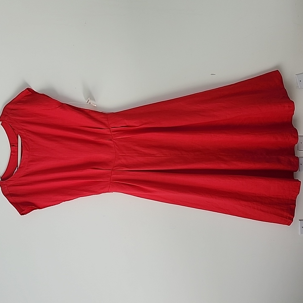SOLD Marven Singer Vintage Red Linen Button Back Midi Dress 12 B3